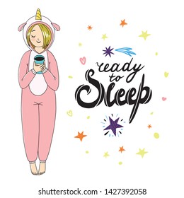 Girl's wearing sleepwear and holding a cup of tea. Black and white outline isolated illustration on a white background.