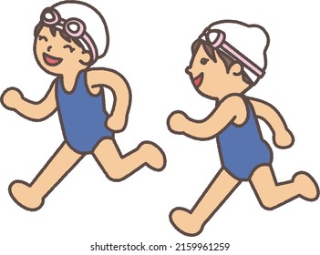 Girls wearing swimsuits, swimming caps, swimming goggles, and running happily