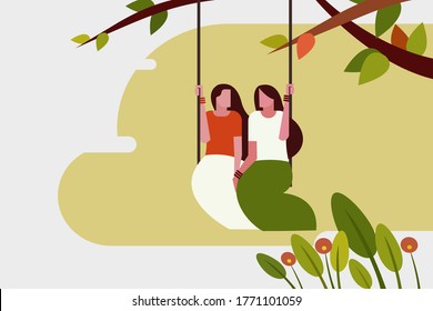 Girls wearing traditional dresses swinging in outdoor. Concept of Onam festival in Kerala, India