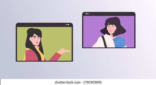girls in web browser windows chatting during video call online conference meeting communication concept portrait horizontal vector illustration