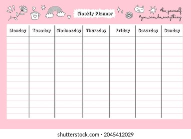 Girls weekly planner template. Weekly schedule lined spreads for lessons, activities, notes and ideas. Doodle outlined sketches icons black and pink color scheme. Colorful vector hand drawn design.