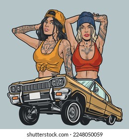 Girls and wheelbarrow colorful label beautiful models with tattoos in stylish clothes and car for lowrider subculture vector illustration svg