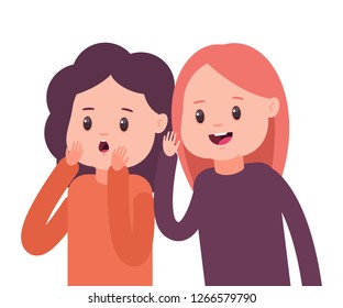 Girls whisper to each other secrets. Vector cartoon concept illustration with two gossip women isolated on white background.