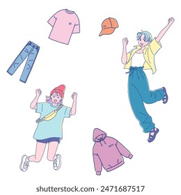 Girls who love fashion jump with their clothes
