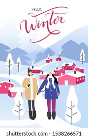 Girls in winter forest - christmas and new year banner, card and landing page template.
