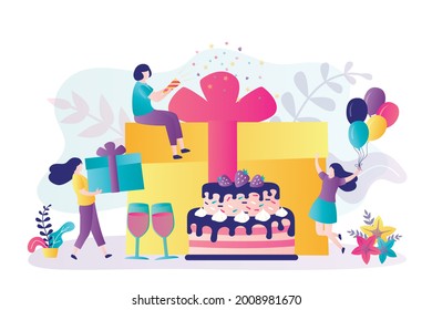 Girls wish friend happy birthday. Girlfriend makes great present. Female characters having fun at birthday party. Friends congratulate woman. People celebrate holiday together. Vector illustration