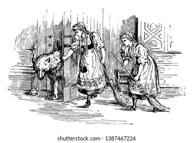 Girls and Wolf, this scene shows two girls are sweeping and one girl opens the door for a wolf, vintage line drawing or engraving illustration