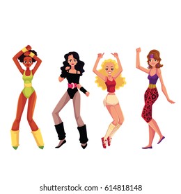 Girls, Women In 80s Style Aerobics Outfit Enjoying Sport Dance Workout, Cartoon Vector Illustration Isolated On White Background. Retro, Vintage Style Girls, Women Dancing, Aerobic Fitness Workout