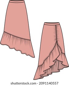 GIRLS AND WOMEN BOTTOM WEAR LONG SKIRT FRONT AND BACK VECTOR ILLUSTRATION