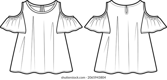 GIRLS AND WOMEN COLD SHOULDER WOVEN AND KNIT DRESS TOPS AND SHIRTS TECHNICAL FLAT SKETCH VECTOR