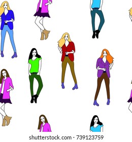 girls, women in colorful clothes in relaxed poses, at dances.  Freehand drawing vector. modern seamless pattern.
