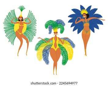 Girls, women dancers in carnival costumes, bikini, feathers, isolated on white. Hand drawn characters vector illustration. Brazilian, Colombian carnival concept. Poster, flyer, banner design element
