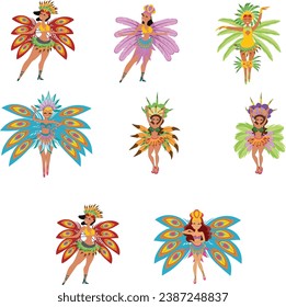 Girls, women dancers in carnival costumes, bikini, feathers, isolated on white. Hand drawn. Brazilian, Colombian carnival concept. Poster, flyer, banner design element