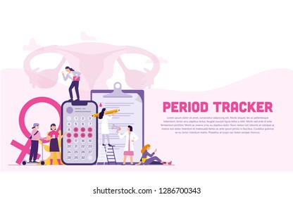 	
girls, women and doctors as a team with Period Tracker concept, menstrual calendar concept for women, media for landing page, template, ui, web, banner, poster