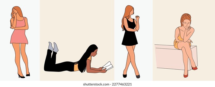 Girls or women dress up in modern clothes. Woman body isolated on white background. Illustration, vector, hand drawn