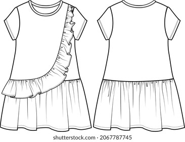 GIRLS AND WOMEN EMBROIDERY COLLAR DRESS AND LONG DRESS WITH FRILL FLAT SKETCH VECTOR