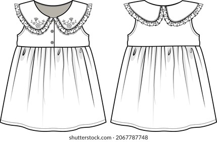 GIRLS AND WOMEN EMBROIDERY COLLAR DRESS AND LONG DRESS WITH FRILL FLAT SKETCH VECTOR