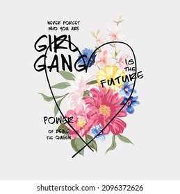 Girls and women empowerment floral Graphic In Heart Shape and Typography Vector Illustration