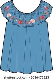 GIRLS AND WOMEN FRILLS DRESS WITH FLORAL EMBROIDERY VECTOR ILLUSTRATION