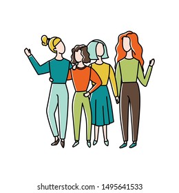 Girls or women hugging together. Doodle style hand drawn concept illustration. Stock vector
