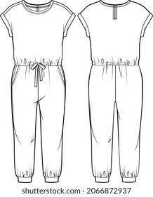 GIRLS AND WOMEN JUMPSUIT FRILL PLAY SUIT AND WOVEN TOPS FLAT SKETCH VECTOR