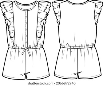 GIRLS AND WOMEN JUMPSUIT FRILL PLAY SUIT AND WOVEN TOPS FLAT SKETCH VECTOR