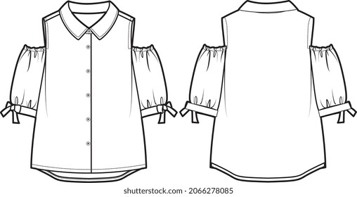 GIRLS AND WOMEN KNIT AND WOEVN TOP DRESSES TECHNICAL FLAT SKETCH VECTOR