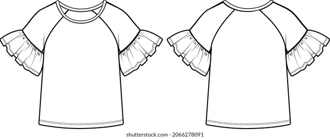 GIRLS AND WOMEN KNIT AND WOEVN TOPS TECHNICAL FLAT SKETCH VECTOR