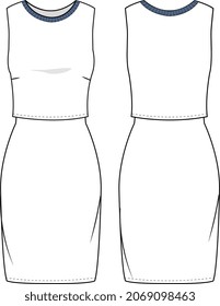 GIRLS AND WOMEN KNIT AND WOVEN LONG DRESS FLAT SKETCH VECTOR