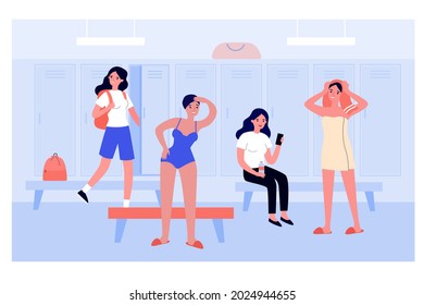 Girls In Women Locker Room Flat Vector Illustration. Female Swimming Athletes Changing Into Swimsuits And Casual Clothes After Shower. Sport, Public Changing Room, Swimming Pool Concept For Design