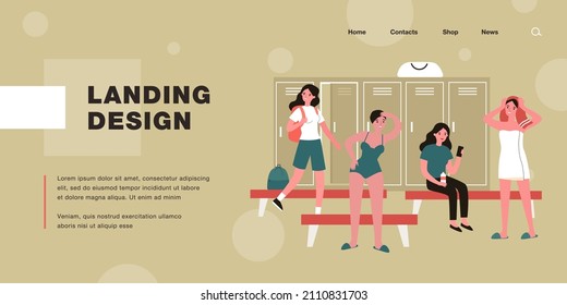 Girls In Women Locker Room Flat Vector Illustration. Female Swimming Athletes Changing Into Swimsuits And Casual Clothes After Shower. Sport, Public Changing Room, Swimming Pool Concept For Design