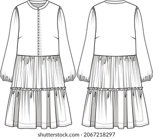 GIRLS AND WOMEN LONG DRESS KNIT AND WOVEN DRESS MAXI FLAT SKETCH VECTOR