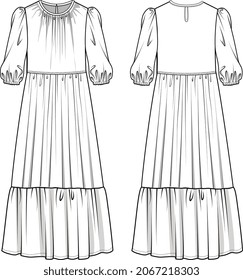 GIRLS AND WOMEN LONG DRESS KNIT AND WOVEN DRESS MAXI FLAT SKETCH VECTOR