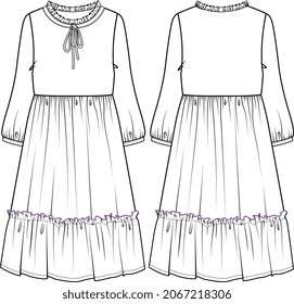 GIRLS AND WOMEN LONG DRESS KNIT AND WOVEN DRESS MAXI FLAT SKETCH VECTOR