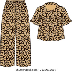 GIRLS AND WOMEN NIGHT WEAR PAJAMA SET SHIRT AND JOGGER LEOPARD SKIN PRINT VECTOR