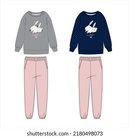 GIRLS AND WOMEN NIGHT WEAR PAJAMA SET SHIRT AND JOGGER VECTOR CUTE RABBİT LOVE