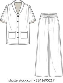 GIRLS AND WOMEN NIGHT WEAR PAJAMA SET SHIRT AND JOGGER FLAT DESIGN VECTOR