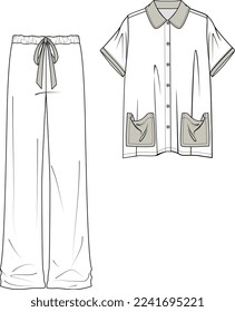 GIRLS AND WOMEN NIGHT WEAR PAJAMA SET SHIRT AND JOGGER FLAT DESIGN VECTOR