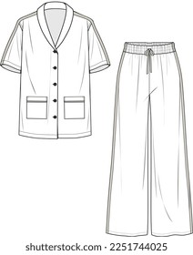 GIRLS AND WOMEN NIGHT WEAR PAJAMA SET TOP AND JOGGER FASHION FLAT DESIGN VECTOR