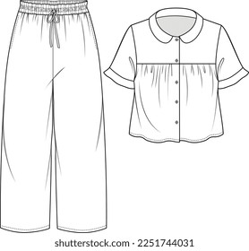 GIRLS AND WOMEN NIGHT WEAR PAJAMA SET TOP AND JOGGER FASHION FLAT DESIGN VECTOR