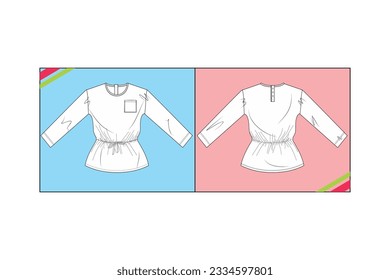 GIRLS WOMEN SHIRT, FULL SLEEVE, WAIST KNOT SKETCH FASHION TEMPLATE TECHNICAL DRAWING ILLUSTRATION