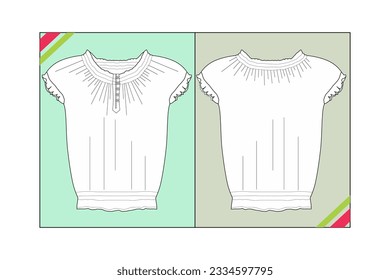 GIRLS WOMEN TOPS WITH RUFFLE GARMENT, PARTY DRESS SKETCH PATTERN FASHION TEMPLATE TECHNICAL DRAWING ILLUSTRATION