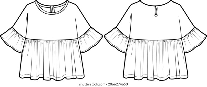 GIRLS AND WOMEN WEAR DRESS KNIT AND WVEN TOPS FRONT TIE UP AND DROP SHOULDER TECHNICAL SKETCH VECTOR
