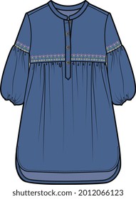 GIRLS AND WOMEN WEAR EMPIRE CUT EMBROIDERED WOVEN DRESS VECTOR ILLUSTRATION