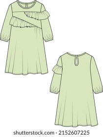 GIRLS AND WOMEN WEAR FASHION FRILL DRESS FRONT AND BACK VECTOR SKETCH