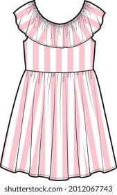 GIRLS AND WOMEN WEAR FRILLED SLEEVLESS STRIPE WOVEN DRESS VECTOR