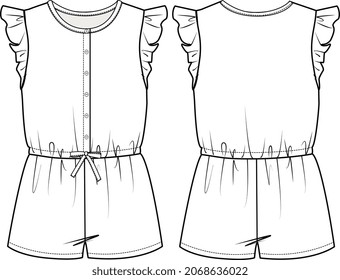 GIRLS AND WOMEN WEAR JUMPSUIT FRONT AND BACK FLAT VECTOR