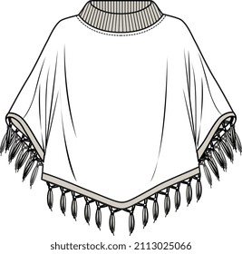 GIRLS AND WOMEN WEAR KNIT PONCHO VECTOR FLAT SKETCH