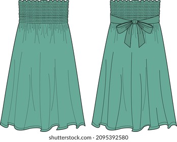 GIRLS AND WOMEN WEAR RUCHED DRESS FRONT AND BACK VECTOR SKETCH