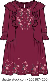 GIRLS AND WOMEN WEAR WOVEN DRESS WITH EMBROIDERY VECTOR ILLUSTRATION